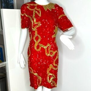 Laurence Kazar Sz XL Fits 6-8 Vintage Red and Gold Fully Beaded Back Zip Dress